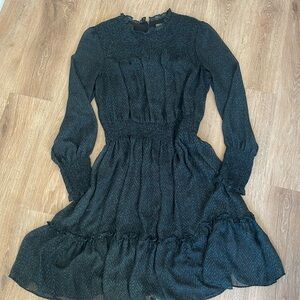 Lord & Taylor Black Long-Sleeve Smocked Waist Midi Dress